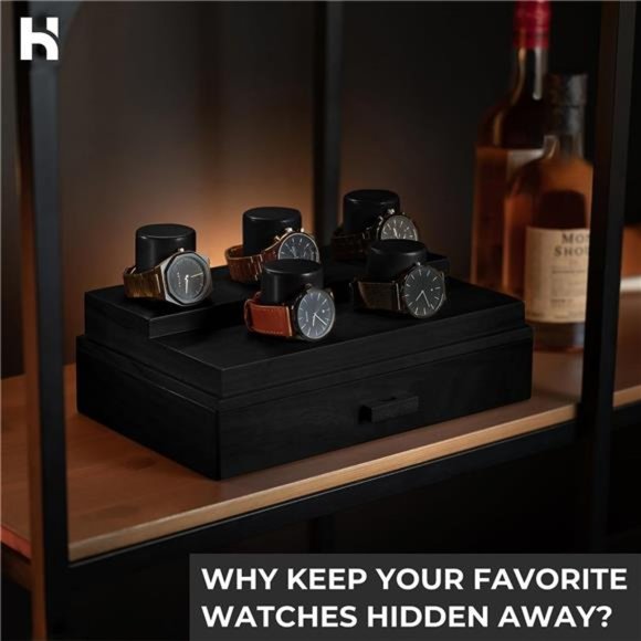 Watch Box Organizer for Men - 5 Pillar Watch Holder with Acrylic Cover, Black - Picture 3 of 6